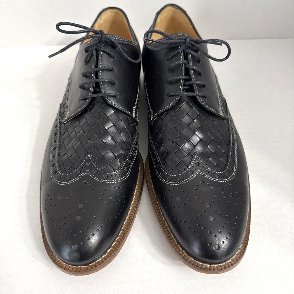 Paul Frederick Men's Wing Tip Black Leather Shoes Size 9.5 M Made in Italy Weave